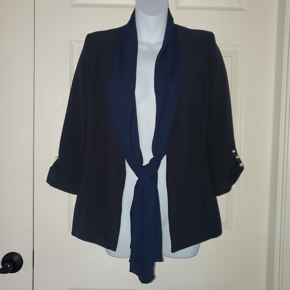 Zara Navy Blue Blazer Attached Scarf Open Style Pockets Career Office Work XS